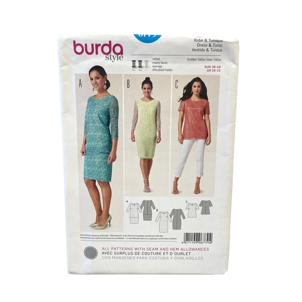 Burda Style 6779 Dress Tunic US 10-22 EUR 36-48 Lace Semi-Fitted